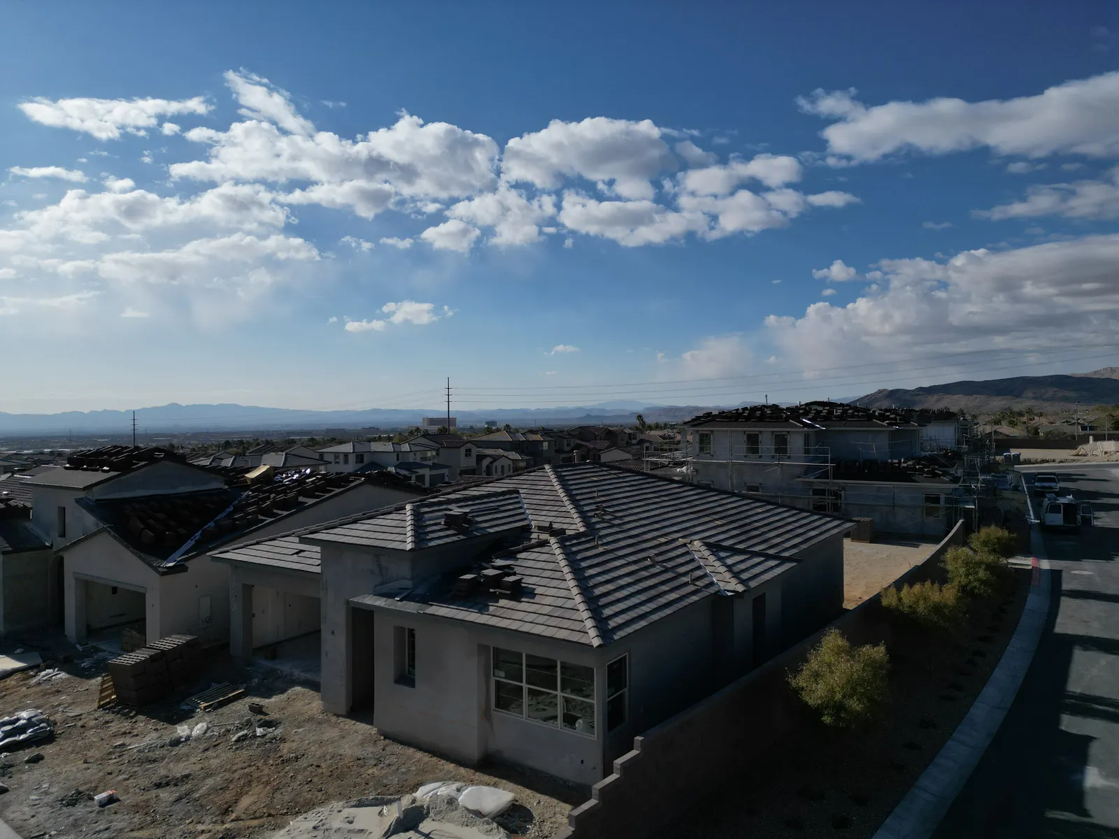 Aerial drone view of new homes under construction in Summerlin West