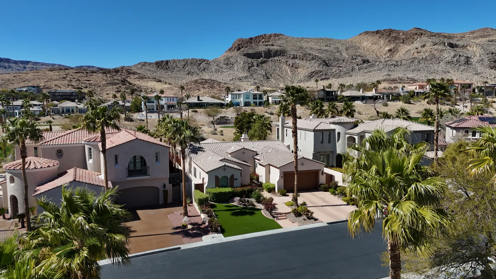 Aerial drone view of luxury homes in the Red Rock corridor of Las Vegas