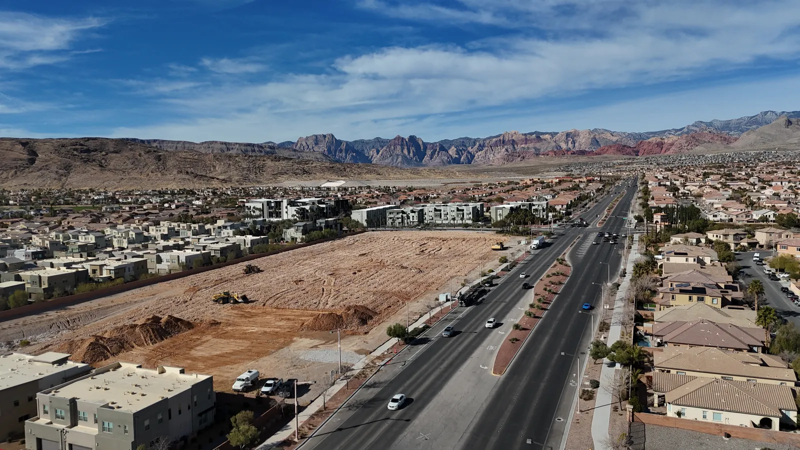 Aerial drone view of Toll Brothers new community on Charleston Boulevard in Summerlin West